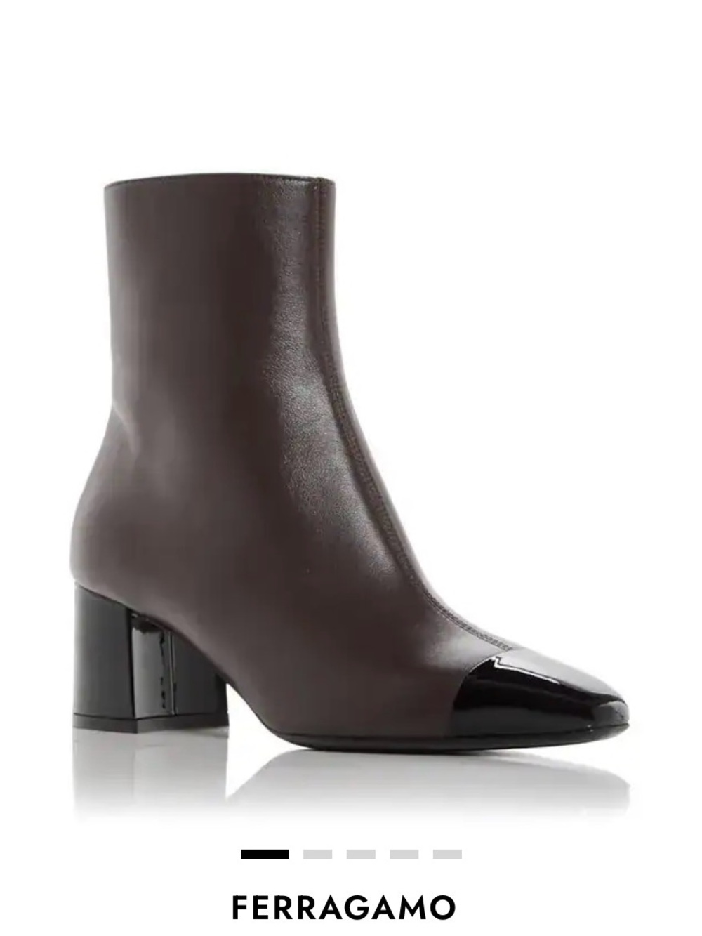 Salvatore Ferragamo Dark Brown Leather Ankle Boots with Black Patent Cap Toe